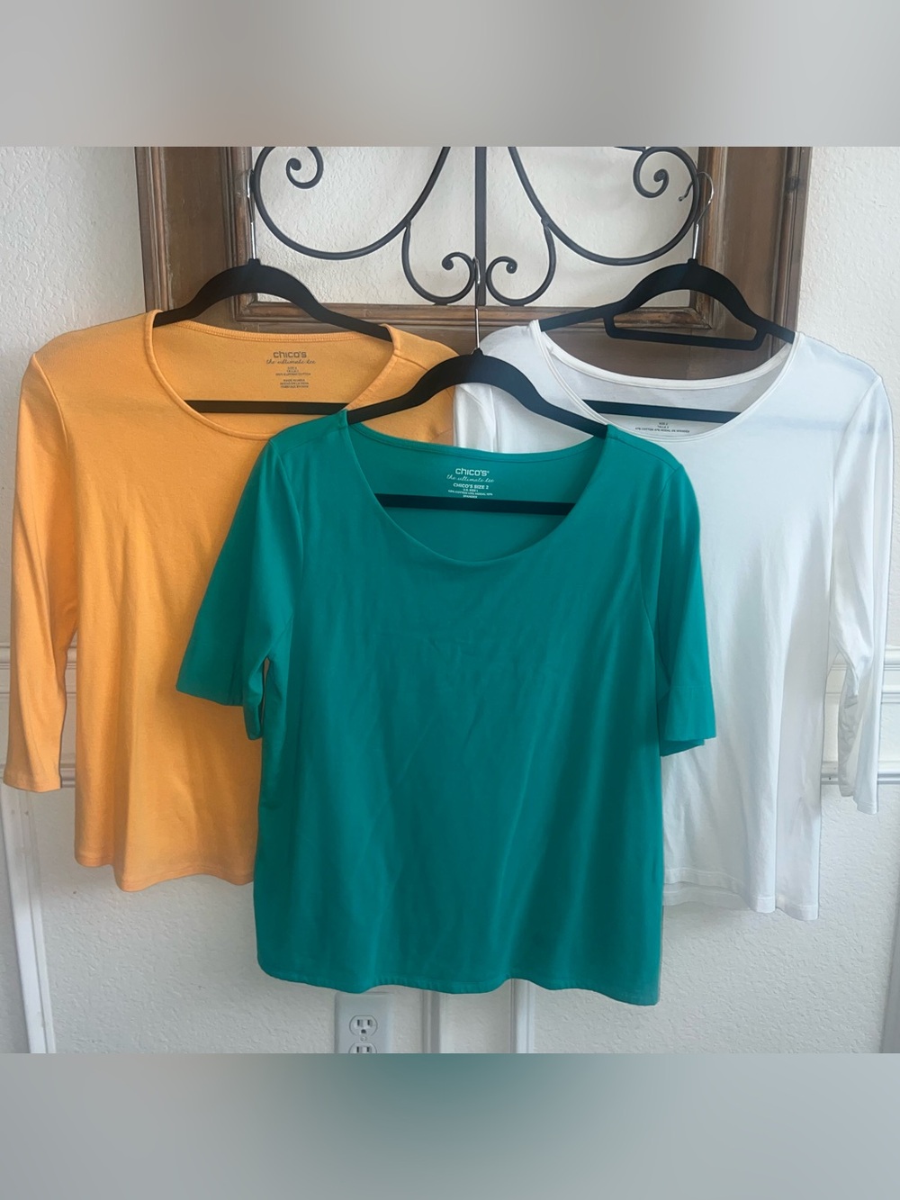 Chico's The Ultimate Tee Trio In Teal, Orange & White Scoop Neck Tops